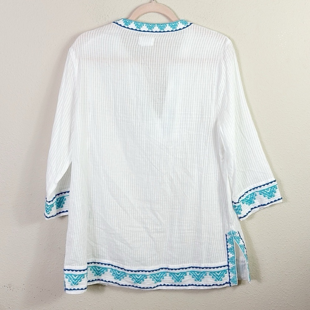Sigrid Olsen White Blue Embroidered Trims V-neck Top Tunic Coverup size Large - Picture 5 of 8